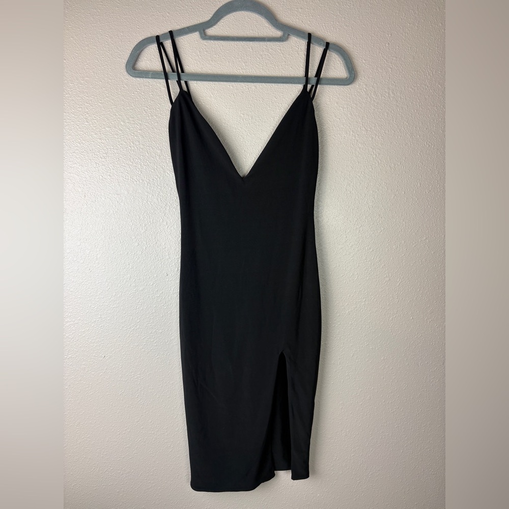 Lux La black midi deep V front / back dress with high slit in front size small